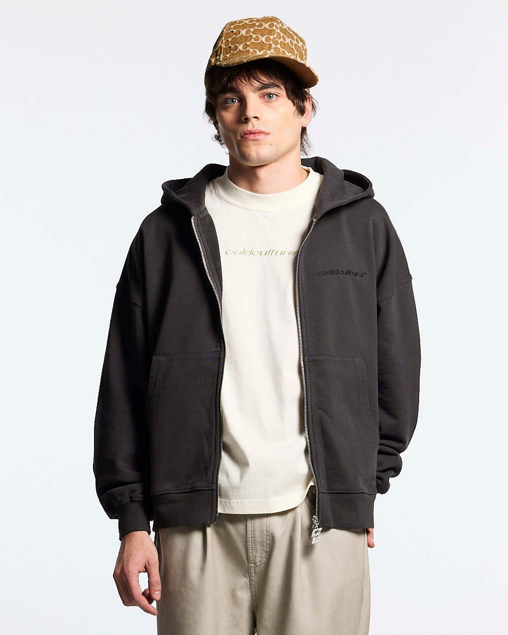 DISTRESS GEBÖGENER REISSVERSCHLUSS HOODIE DUNKELGRAU