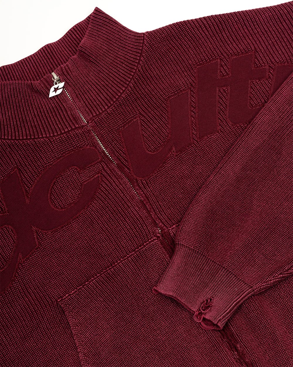 DISTRESS GEBRÖCHTIGTER ZIP-STRICK BURGUNDY