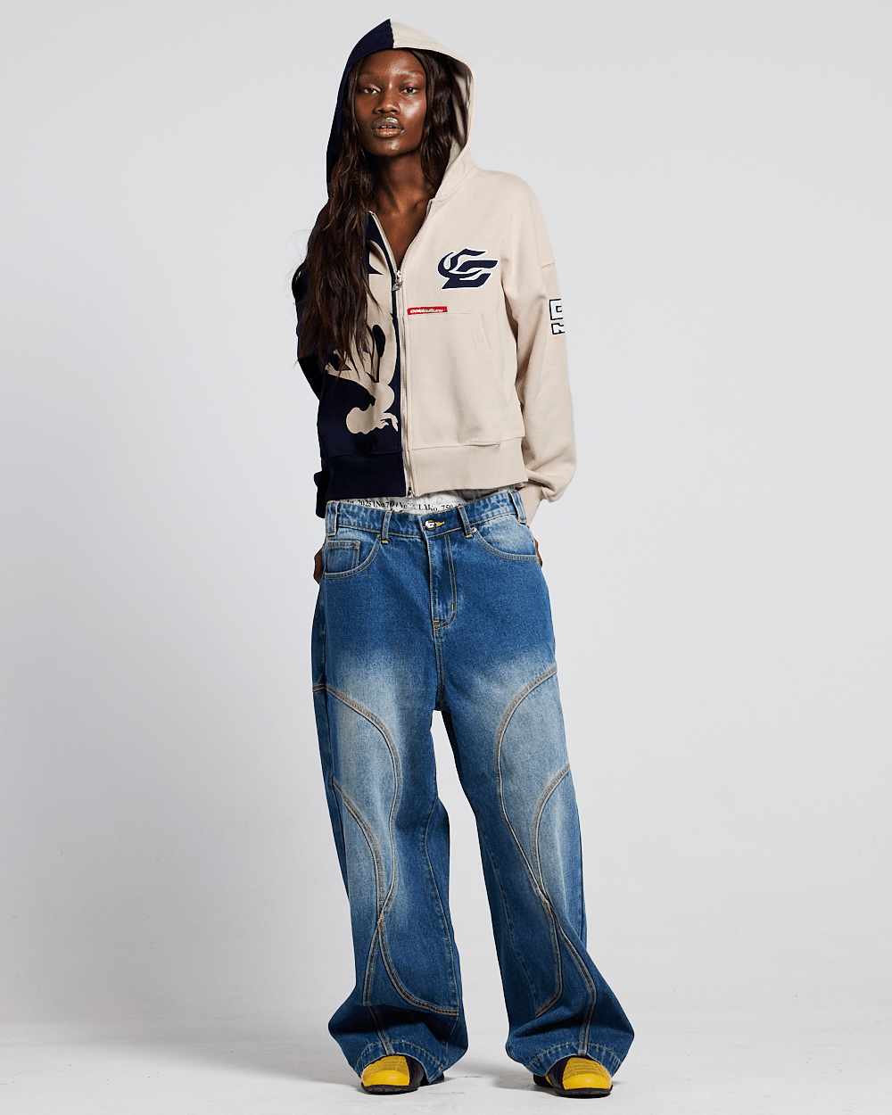 OUTLAW MOOD ZIP HOODIE IVORY GREY & DARK BLUE