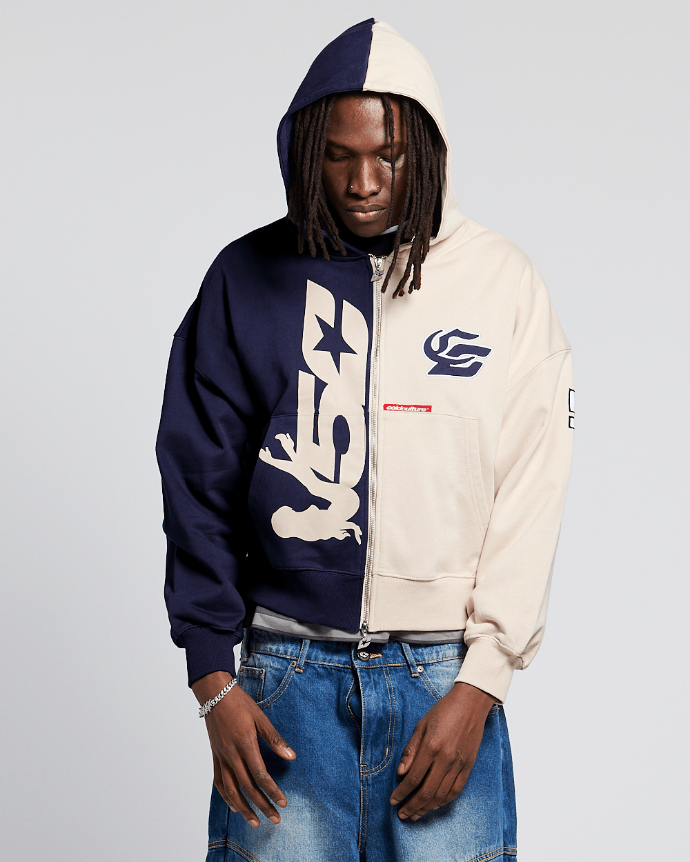 OUTLAW MOOD ZIP HOODIE IVORY GREY & DARK BLUE