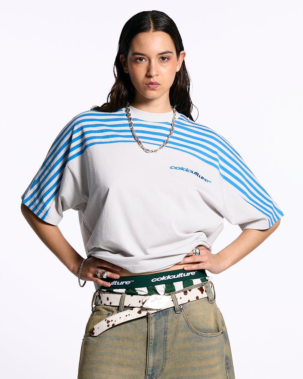 LOLLY HALF STRIPES TEE GREY AND BLUE