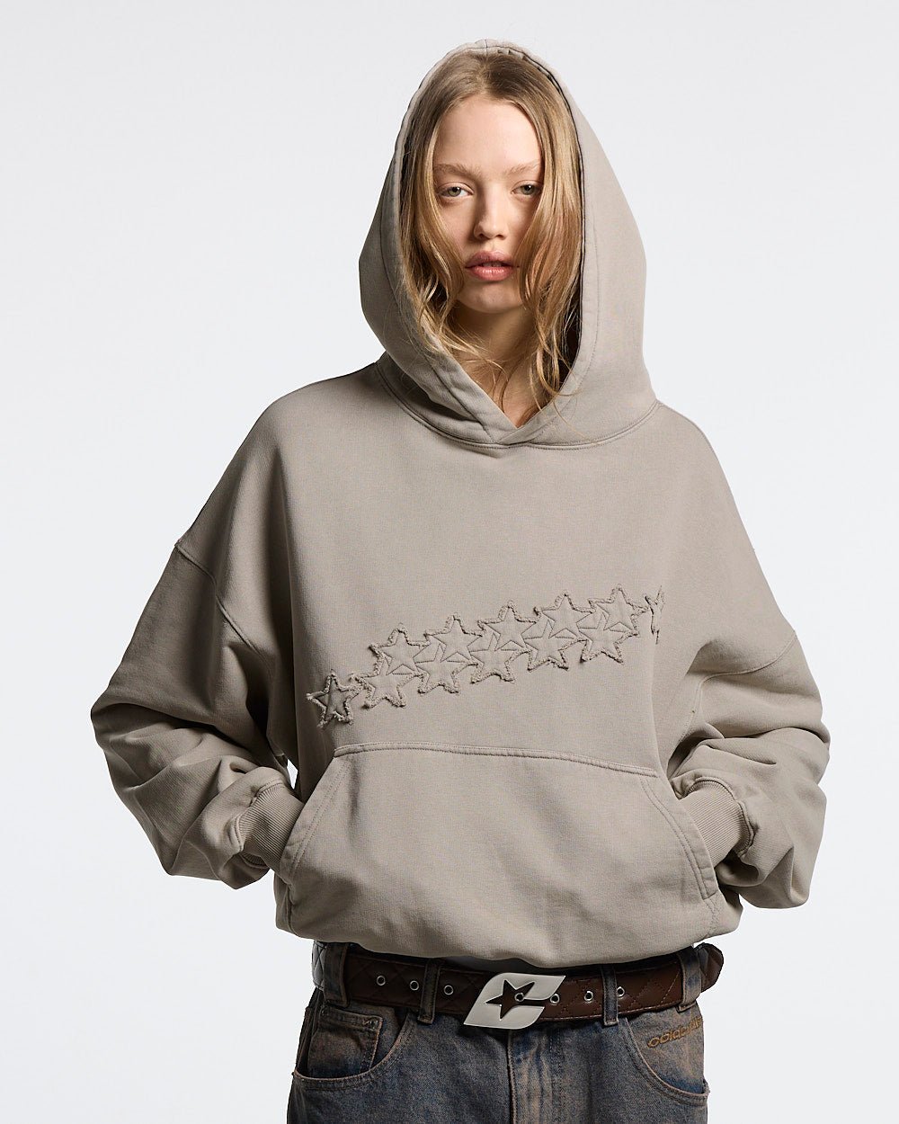 DISTRESS STARS HOODIE BEIGE